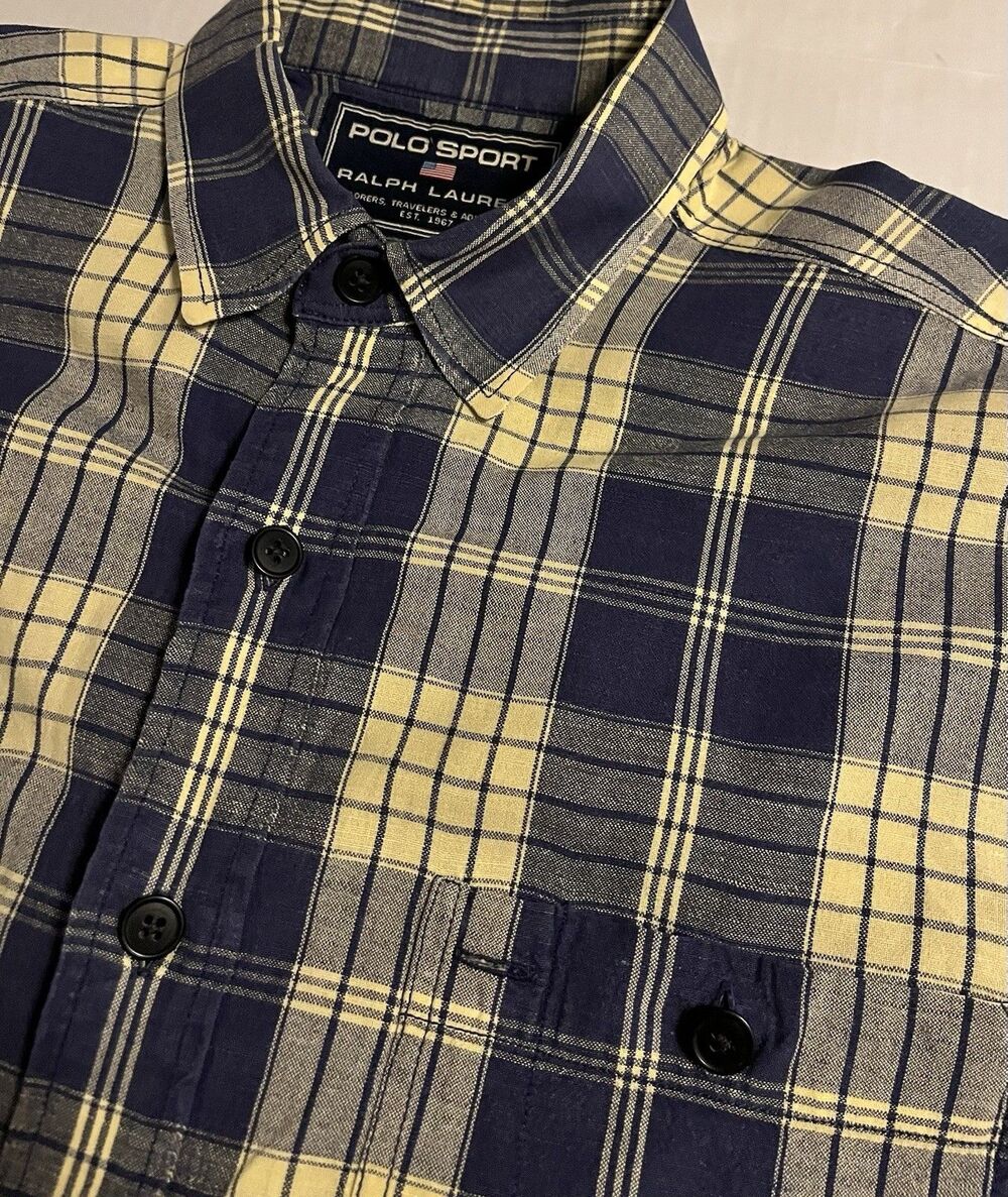 Ralph Lauren Polo Sport VTG Linen Cotton Plaid Button Short Sleeve Shirt MEDIUM